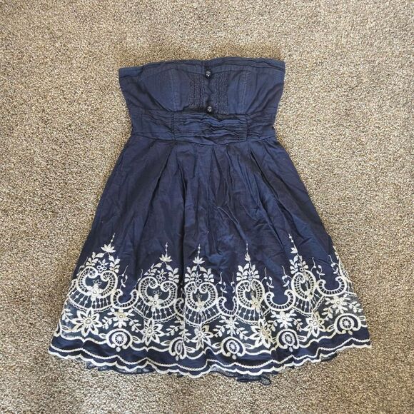 Rue 21 Y2K 2000s Teacup Style Navy Embroidered Strapless Bando Flare Dress 5 - Picture 1 of 5